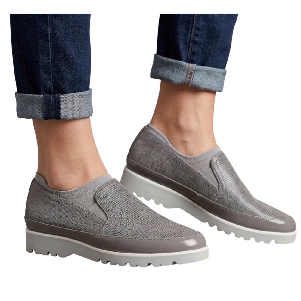 Donald Pliner Grey Leather Lizard Embossed Platform Loafers Shoes 8.5M